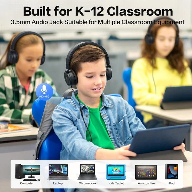 Alt view image 5 of 7 - Classroom Headphones Bulk 10 Pack - Kids Headphones with Mic for School 93dB Volume Limited On-Ear Wired Headset with Microphone, Durable 3.5mm Jack for Class Set Library Computer (Black)
