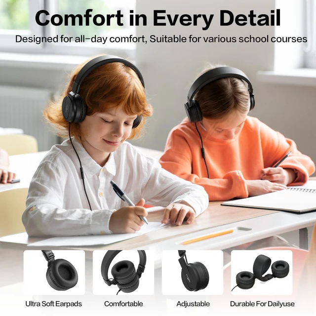 Alt view image 7 of 7 - Classroom Headphones Bulk 10 Pack - Kids Headphones with Mic for School 93dB Volume Limited On-Ear Wired Headset with Microphone, Durable 3.5mm Jack for Class Set Library Computer (Black)