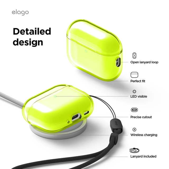 Alt view image 5 of 7 - Clear Case for AirPods Pro 3 Lanyard Included, Strap Included, Reduced Yellowing, Shockproof, Full Protection (Neon Yellow)