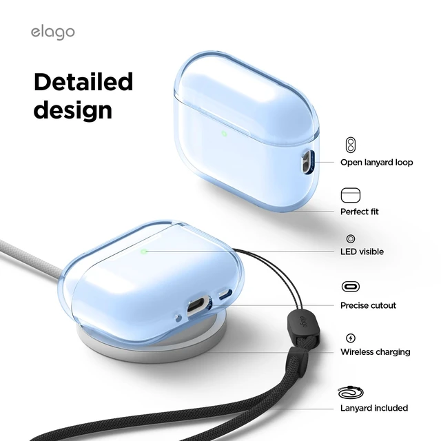 Alt view image 5 of 7 - Clear Case for AirPods Pro 3 Lanyard Included, Strap Included, Reduced Yellowing, Shockproof, Full Protection (Aqua Blue)
