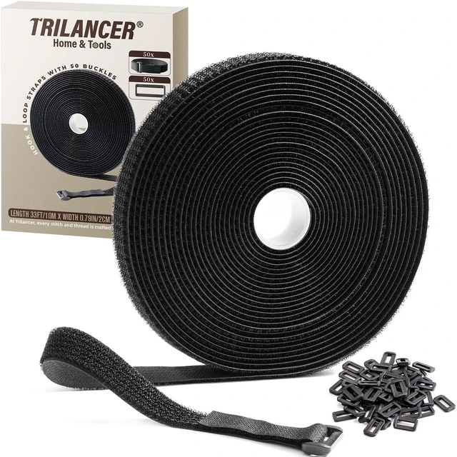 Main image of 0.8"x32Ft Reusable Cable Ties, Hook & Loop Straps with 50 Buckles Adjustable, Cut to Length, Ideal for Wire Management, Cord Organizer, and Cable Straps, Black
