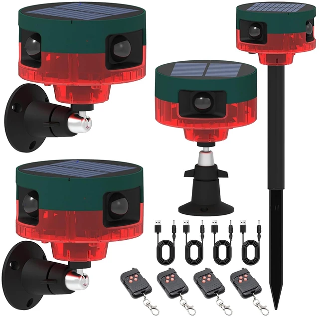 Main image of Solar Outdoor Motion Sensor Alarm: Dog Barking&Gunshot Sound, 129db Loud Siren,Support Recording, 13 Kinds of Sound Strobe Light.4PCS