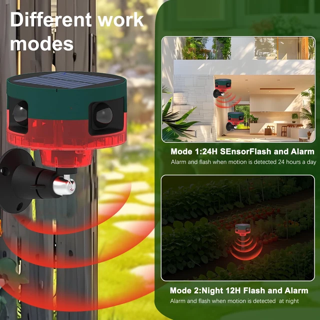 Alt view image 2 of 7 - Solar Outdoor Motion Sensor Alarm: Dog Barking&Gunshot Sound, 129db Loud Siren,Support Recording, 13 Kinds of Sound Strobe Light.4PCS