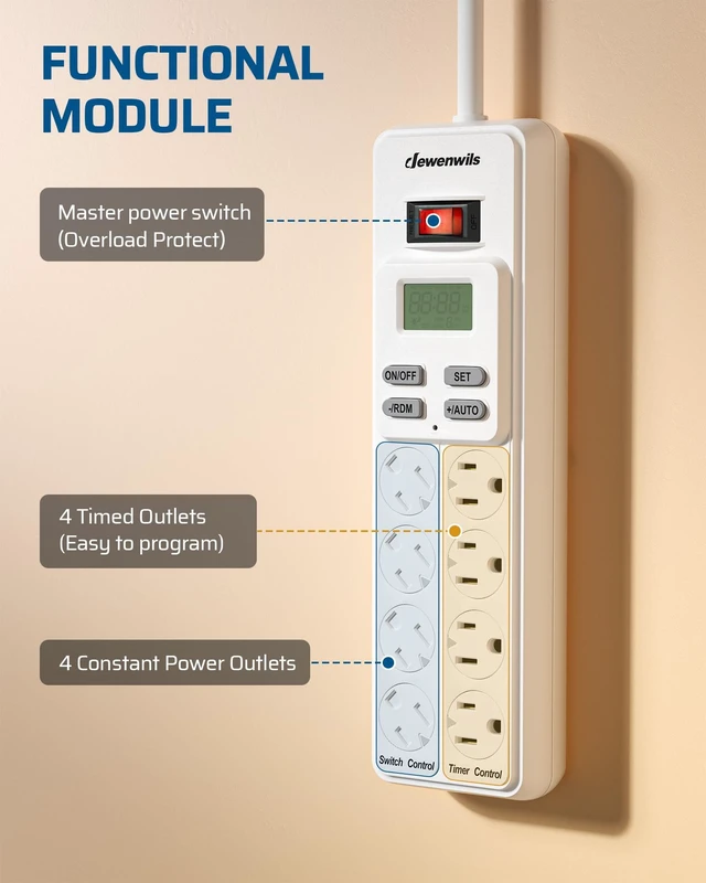 Alt view image 2 of 7 - 8-Outlet Power Strip with Timer for Reptile Light, 15A, UL Listed 4 Timed/4 Always On,14/3 AWG Cord,Digital Timer Outlet for Turtle Grow Light Indoor Bearded Dragon Tank Accessory Aquarium