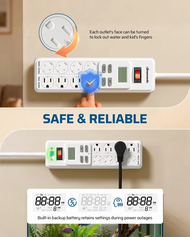 Alt view image 4 of 7 - 8-Outlet Power Strip with Timer for Reptile Light, 15A, UL Listed 4 Timed/4 Always On,14/3 AWG Cord,Digital Timer Outlet for Turtle Grow Light Indoor Bearded Dragon Tank Accessory Aquarium