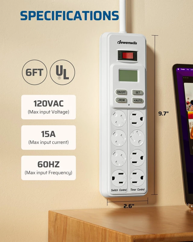 Alt view image 7 of 7 - 8-Outlet Power Strip with Timer for Reptile Light, 15A, UL Listed 4 Timed/4 Always On,14/3 AWG Cord,Digital Timer Outlet for Turtle Grow Light Indoor Bearded Dragon Tank Accessory Aquarium
