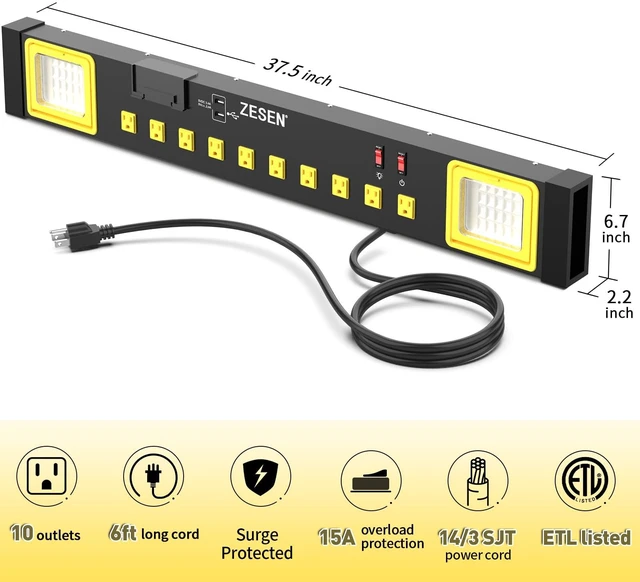 Alt view image 2 of 7 - Heavy Duty Metal 10 Outlets Long Power Strip with LED Worklight, Black Wall Mount Workbench Multi-Outlets Power Strip with 6ft 14/3 AWG Cord, 2 USB Ports ETL Listed for Home Office Garage Workshop