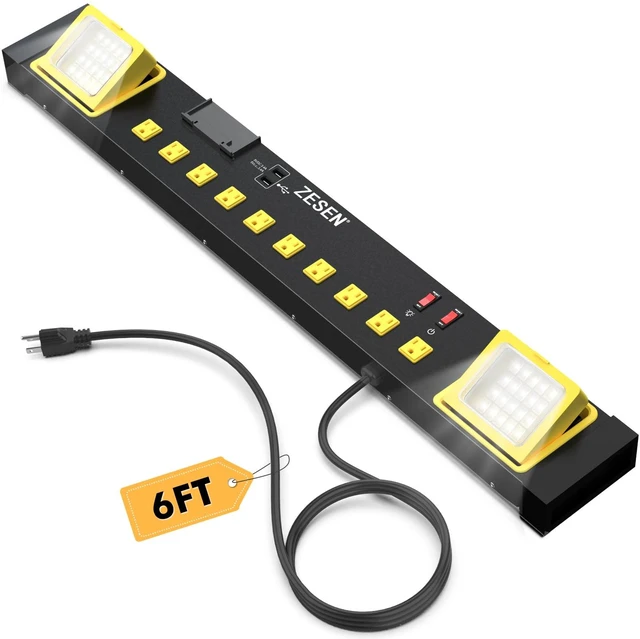 Main image of Heavy Duty Metal 10 Outlets Long Power Strip with LED Worklight, Black Wall Mount Workbench Multi-Outlets Power Strip with 6ft 14/3 AWG Cord, 2 USB Ports ETL Listed for Home Office Garage Workshop