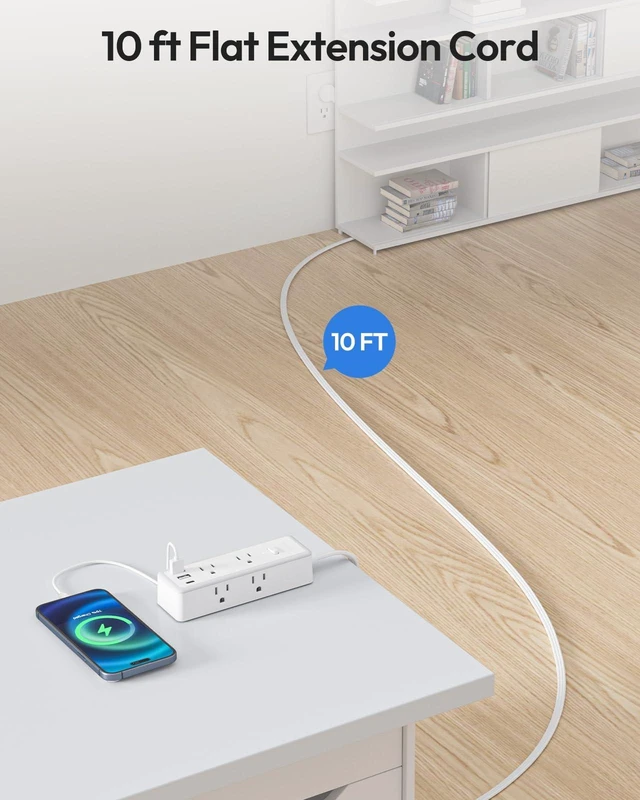 Alt view image 3 of 7 - Power Strip Surge Protector(1080J), Extension Cord 10 FT Flat Plug, 6 Wide outlets with 3 USB Ports (1 USB C), 3 Sided Multi Outlet Extension Cord, Compact Power Strip for Travel, College