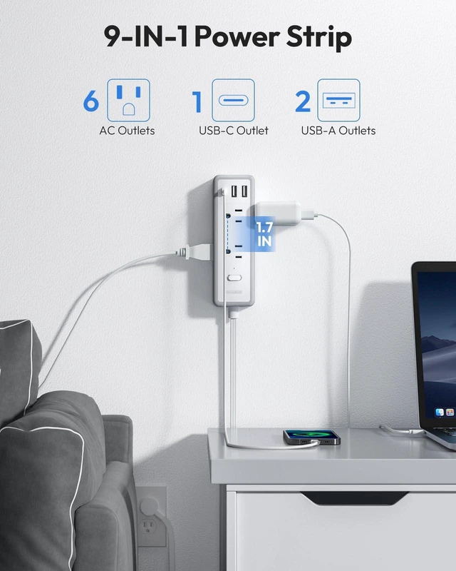 Alt view image 5 of 7 - Power Strip Surge Protector(1080J), Extension Cord 10 FT Flat Plug, 6 Wide outlets with 3 USB Ports (1 USB C), 3 Sided Multi Outlet Extension Cord, Compact Power Strip for Travel, College