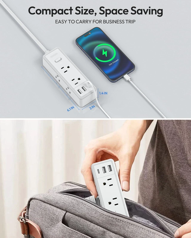 Alt view image 7 of 7 - Power Strip Surge Protector(1080J), Extension Cord 10 FT Flat Plug, 6 Wide outlets with 3 USB Ports (1 USB C), 3 Sided Multi Outlet Extension Cord, Compact Power Strip for Travel, College