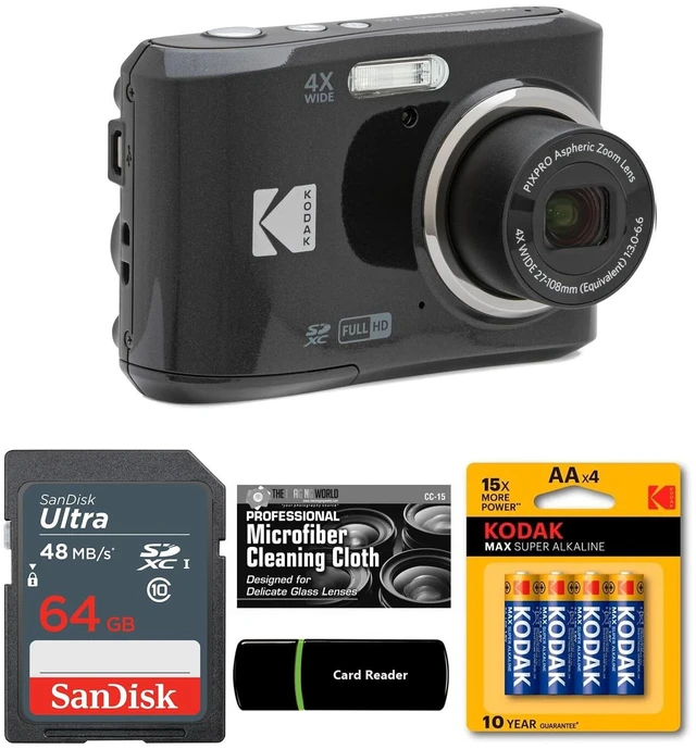 Main image of Kodak PIXPRO FZ45 16MP Digital Camera 4X Optical Zoom 27mm Wide Angle 1080P Full HD Video 2.7" LCD Camera (Black) + 64GB Card and Reader + AA Batteries (4-Pack) + Cleaning Cloth