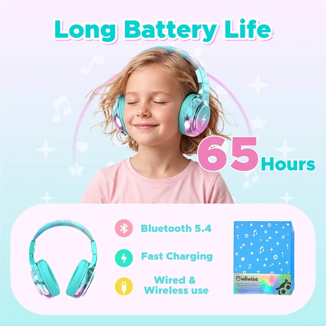 Alt view image 3 of 7 - Kids Bluetooth Headphones with mic, 74/85dB Limited, 65H Playtime Fast charging, Bluetooth 5.4, foldable over-ear, AUX for iPad, tablet, airplane, Wireless headphones for kids, Bolt Series