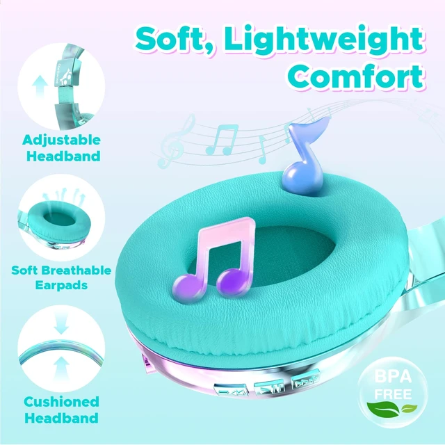 Alt view image 5 of 7 - Kids Bluetooth Headphones with mic, 74/85dB Limited, 65H Playtime Fast charging, Bluetooth 5.4, foldable over-ear, AUX for iPad, tablet, airplane, Wireless headphones for kids, Bolt Series
