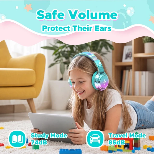 Alt view image 4 of 7 - Kids Bluetooth Headphones with mic, 74/85dB Limited, 65H Playtime Fast charging, Bluetooth 5.4, foldable over-ear, AUX for iPad, tablet, airplane, Wireless headphones for kids, Bolt Series