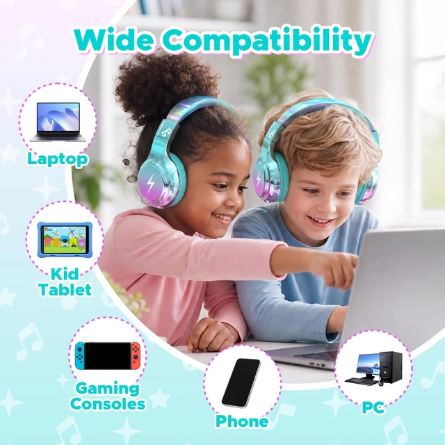 Alt view image 7 of 7 - Kids Bluetooth Headphones with mic, 74/85dB Limited, 65H Playtime Fast charging, Bluetooth 5.4, foldable over-ear, AUX for iPad, tablet, airplane, Wireless headphones for kids, Bolt Series