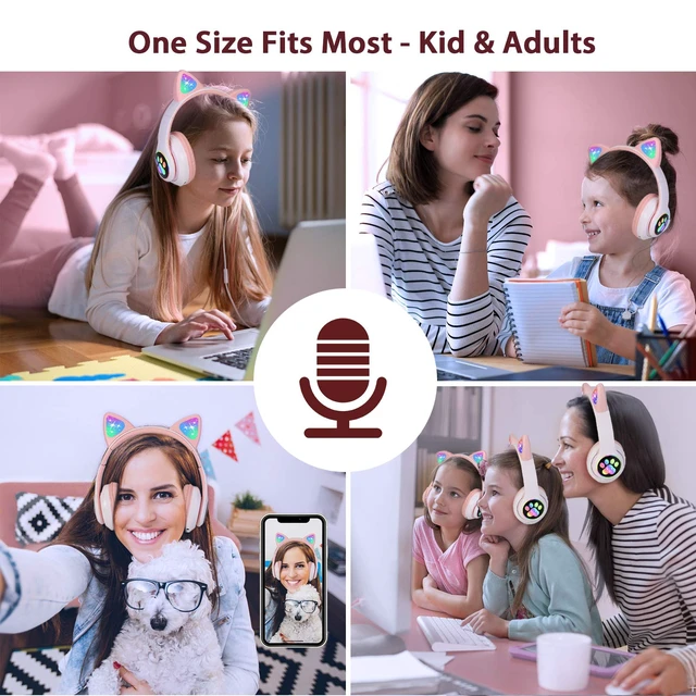 Alt view image 2 of 6 - Cat Ear Kids Bluetooth Headphones, LED, 85dB Volume Limit Bluetooth 6.0 wireless headset with mic, stereo sound, foldable, 3.5mm wired mode for girls, school, tablet, travel