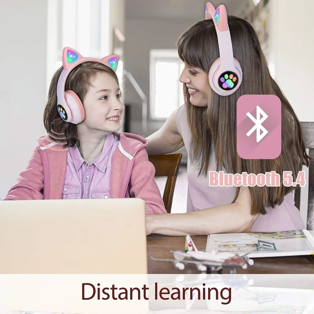 Alt view image 3 of 6 - Cat Ear Kids Bluetooth Headphones, LED, 85dB Volume Limit Bluetooth 6.0 wireless headset with mic, stereo sound, foldable, 3.5mm wired mode for girls, school, tablet, travel