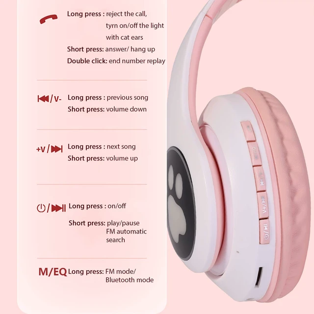 Alt view image 5 of 6 - Cat Ear Kids Bluetooth Headphones, LED, 85dB Volume Limit Bluetooth 6.0 wireless headset with mic, stereo sound, foldable, 3.5mm wired mode for girls, school, tablet, travel