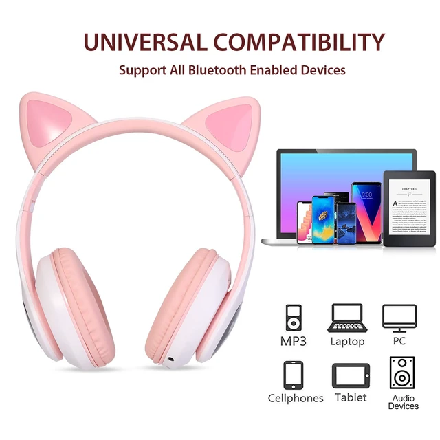Alt view image 6 of 6 - Cat Ear Kids Bluetooth Headphones, LED, 85dB Volume Limit Bluetooth 6.0 wireless headset with mic, stereo sound, foldable, 3.5mm wired mode for girls, school, tablet, travel