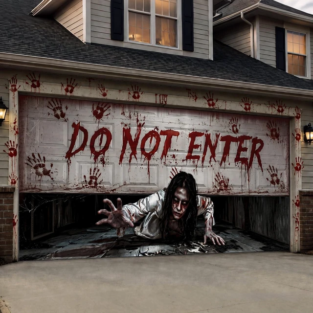 Main image of 16 x 7 ft Halloween Garage Door Cover, Female Ghost Halloween Garage Door Banner Decorations, Ghost Large Garage Door Hanging, Do Not Enter, for Outdoor Home Yard