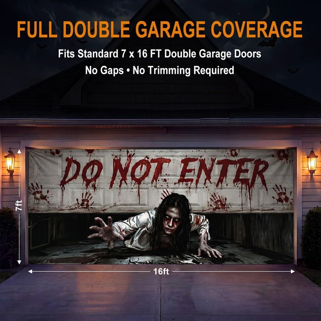 Alt view image 2 of 7 - 16 x 7 ft Halloween Garage Door Cover, Female Ghost Halloween Garage Door Banner Decorations, Ghost Large Garage Door Hanging, Do Not Enter, for Outdoor Home Yard