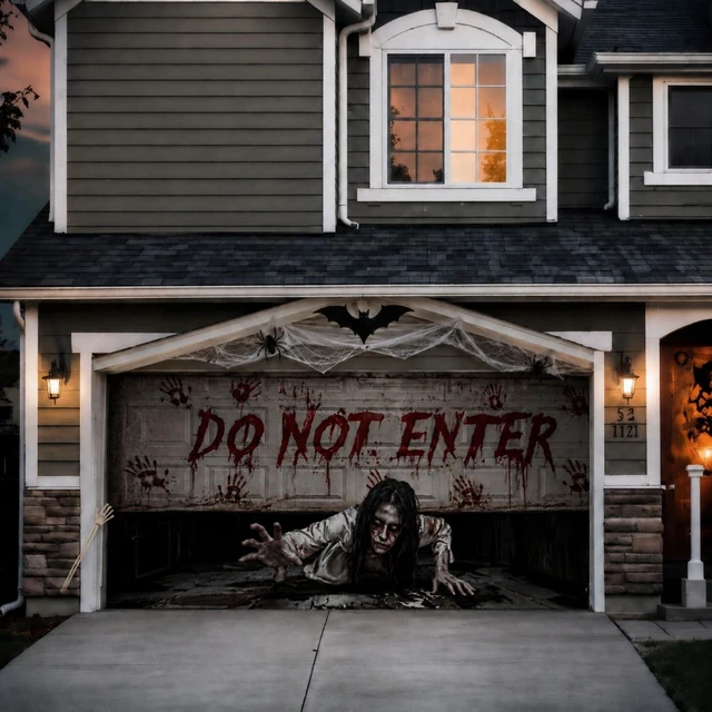Alt view image 5 of 7 - 16 x 7 ft Halloween Garage Door Cover, Female Ghost Halloween Garage Door Banner Decorations, Ghost Large Garage Door Hanging, Do Not Enter, for Outdoor Home Yard