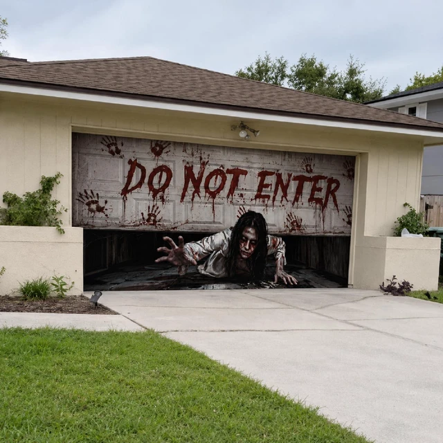 Alt view image 4 of 7 - 16 x 7 ft Halloween Garage Door Cover, Female Ghost Halloween Garage Door Banner Decorations, Ghost Large Garage Door Hanging, Do Not Enter, for Outdoor Home Yard
