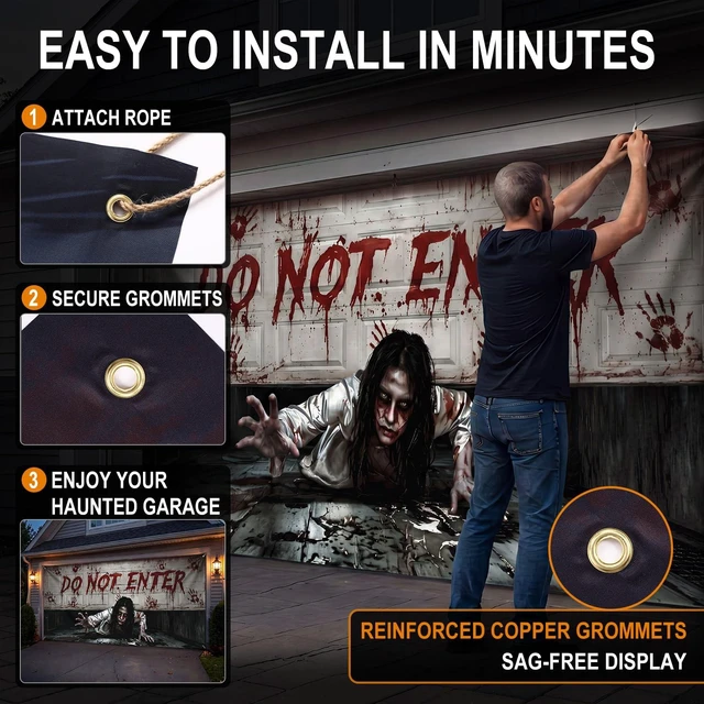 Alt view image 3 of 7 - 16 x 7 ft Halloween Garage Door Cover, Female Ghost Halloween Garage Door Banner Decorations, Ghost Large Garage Door Hanging, Do Not Enter, for Outdoor Home Yard
