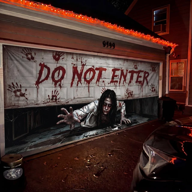 Alt view image 6 of 7 - 16 x 7 ft Halloween Garage Door Cover, Female Ghost Halloween Garage Door Banner Decorations, Ghost Large Garage Door Hanging, Do Not Enter, for Outdoor Home Yard