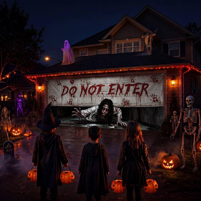 Alt view image 7 of 7 - 16 x 7 ft Halloween Garage Door Cover, Female Ghost Halloween Garage Door Banner Decorations, Ghost Large Garage Door Hanging, Do Not Enter, for Outdoor Home Yard