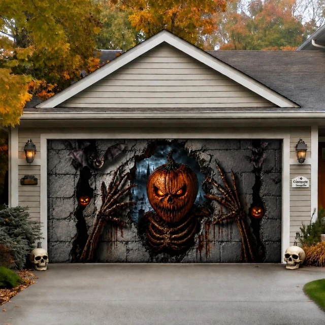Alt view image 2 of 6 - Pumpkin Horror Halloween Garage Door Cover Banner 16 x 7 ft Halloween Garage Door Banner Decorations, Ghost Large Garage Door Hanging Backdrop, I Am Watching, for Outdoor Home Yard Wall