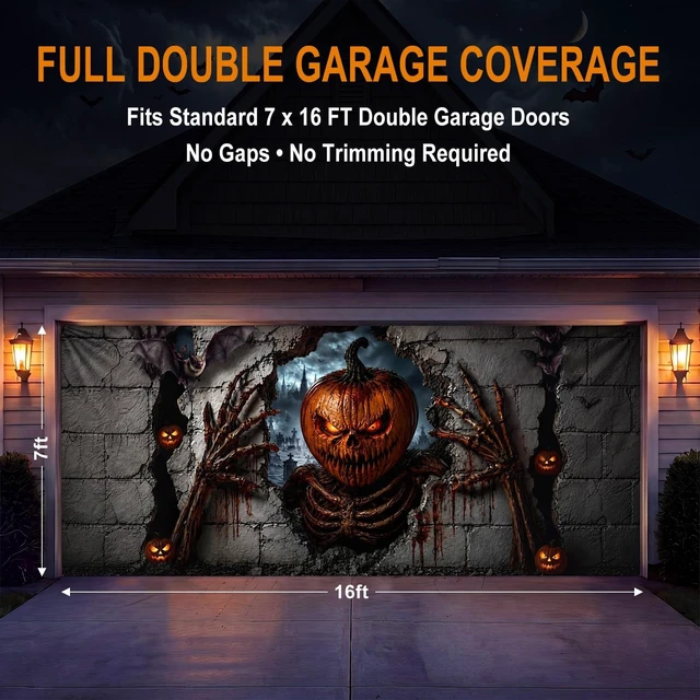 Alt view image 3 of 6 - Pumpkin Horror Halloween Garage Door Cover Banner 16 x 7 ft Halloween Garage Door Banner Decorations, Ghost Large Garage Door Hanging Backdrop, I Am Watching, for Outdoor Home Yard Wall