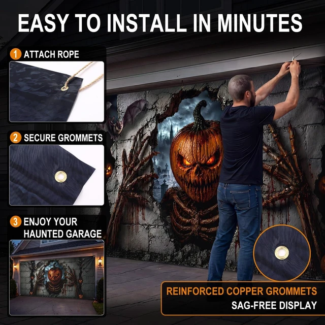 Alt view image 4 of 6 - Pumpkin Horror Halloween Garage Door Cover Banner 16 x 7 ft Halloween Garage Door Banner Decorations, Ghost Large Garage Door Hanging Backdrop, I Am Watching, for Outdoor Home Yard Wall