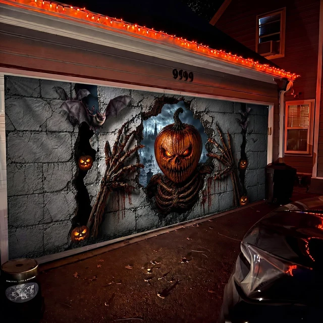 Alt view image 6 of 6 - Pumpkin Horror Halloween Garage Door Cover Banner 16 x 7 ft Halloween Garage Door Banner Decorations, Ghost Large Garage Door Hanging Backdrop, I Am Watching, for Outdoor Home Yard Wall