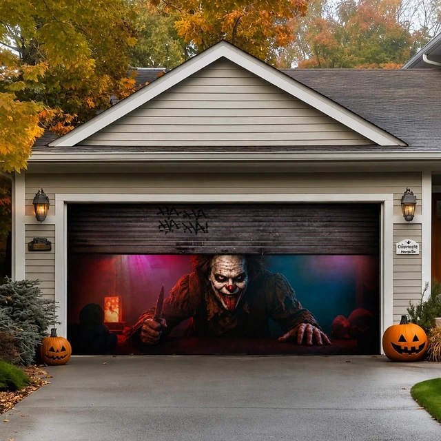 Alt view image 2 of 7 - Halloween Garage Door Cover Clown 16 x 7 ft with Rope Halloween Garage Door Banner Decorations, Clown Large Garage Door Hanging Backdrop, I Am Watching, for Outdoor Home Yard Wall