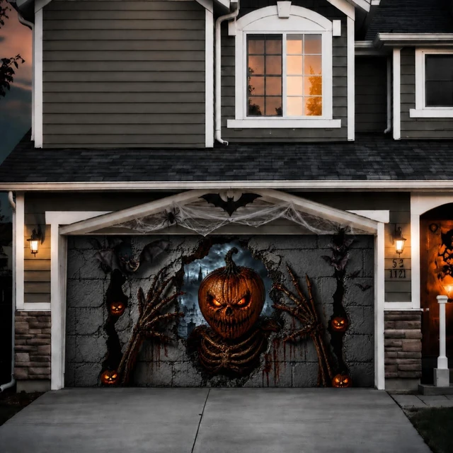 Alt view image 5 of 6 - Pumpkin Horror Halloween Garage Door Cover Banner 16 x 7 ft Halloween Garage Door Banner Decorations, Ghost Large Garage Door Hanging Backdrop, I Am Watching, for Outdoor Home Yard Wall