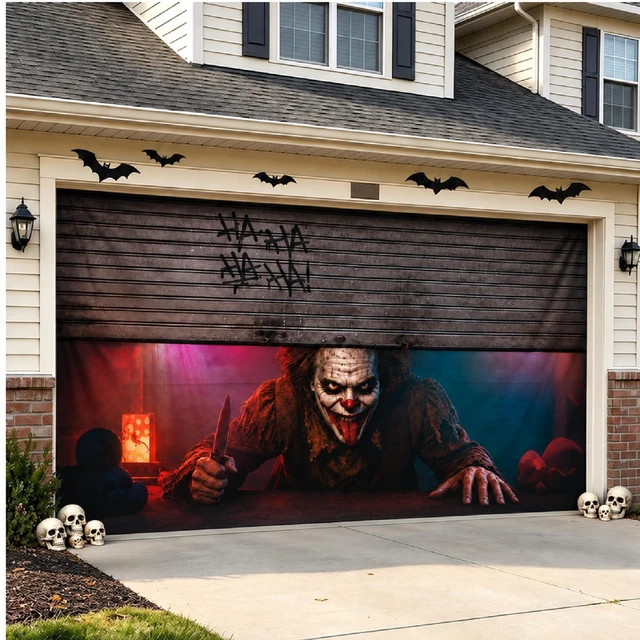 Main image of Halloween Garage Door Cover Clown 16 x 7 ft with Rope Halloween Garage Door Banner Decorations, Clown Large Garage Door Hanging Backdrop, I Am Watching, for Outdoor Home Yard Wall