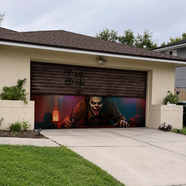 Alt view image 5 of 7 - Halloween Garage Door Cover Clown 16 x 7 ft with Rope Halloween Garage Door Banner Decorations, Clown Large Garage Door Hanging Backdrop, I Am Watching, for Outdoor Home Yard Wall