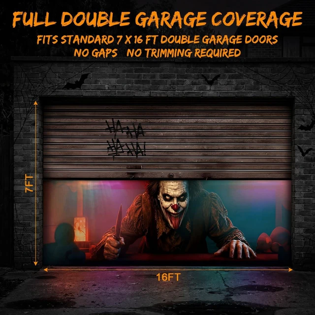 Alt view image 3 of 7 - Halloween Garage Door Cover Clown 16 x 7 ft with Rope Halloween Garage Door Banner Decorations, Clown Large Garage Door Hanging Backdrop, I Am Watching, for Outdoor Home Yard Wall