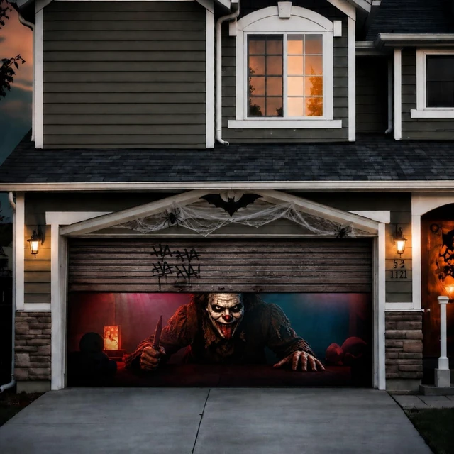 Alt view image 6 of 7 - Halloween Garage Door Cover Clown 16 x 7 ft with Rope Halloween Garage Door Banner Decorations, Clown Large Garage Door Hanging Backdrop, I Am Watching, for Outdoor Home Yard Wall
