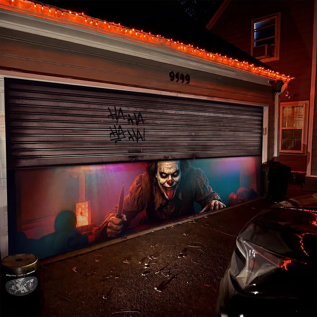 Alt view image 7 of 7 - Halloween Garage Door Cover Clown 16 x 7 ft with Rope Halloween Garage Door Banner Decorations, Clown Large Garage Door Hanging Backdrop, I Am Watching, for Outdoor Home Yard Wall