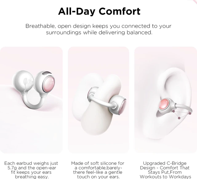 Alt view image 6 of 7 - Clip On Open Ear Earbuds, Butterfly Earrings Bracelet Handmade Bag Bluetooth 6.0 Wireless Headphones for Women Girl Gift, Powder Compact Case with LED Display& Mirror, Sports Workout, Pink