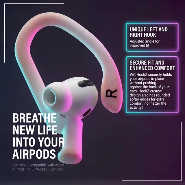 Alt view image 3 of 7 - HookZ Pro 3 - Adjustable Ear Hooks for AirPods Pro 3 Made by Wicked Cushions Malleable Core, Custom Fit, Secure & Comfortable, Patent Pending Pink Marble