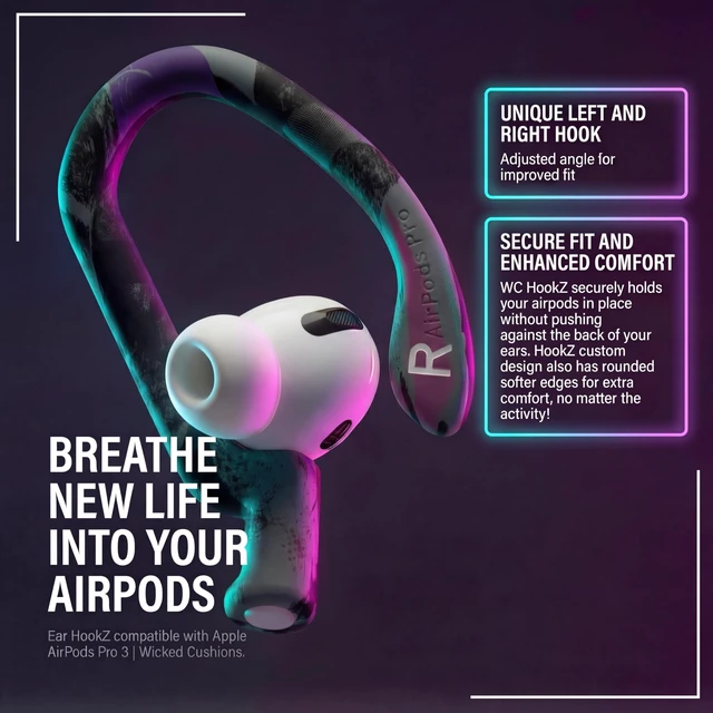 Alt view image 3 of 7 - HookZ Pro 3 - Adjustable Ear Hooks for AirPods Pro 3 Made by Wicked Cushions Malleable Core, Custom Fit, Secure & Comfortable, Patent Pending 90's Black