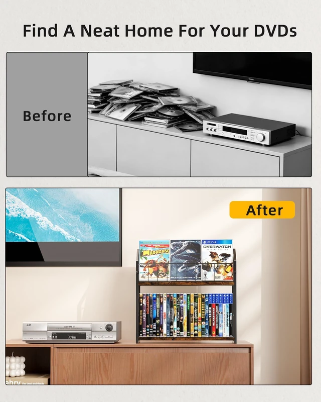 Alt view image 2 of 7 - 2-Tier DVD Storage Rack, DVD Rack & Video Game Storage for Media Room-Brown DVD Holder, Blu Ray Storage, Stores Up to 56 DVDs, Video Game Shelf for Media Room and Game Room, Gift Idea for Music Lovers