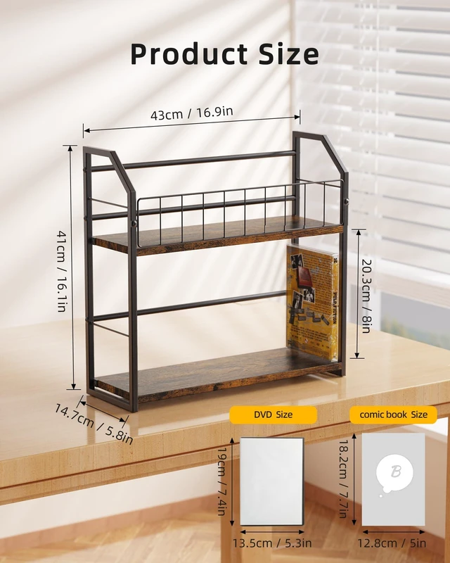 Alt view image 3 of 7 - 2-Tier DVD Storage Rack, DVD Rack & Video Game Storage for Media Room-Brown DVD Holder, Blu Ray Storage, Stores Up to 56 DVDs, Video Game Shelf for Media Room and Game Room, Gift Idea for Music Lovers