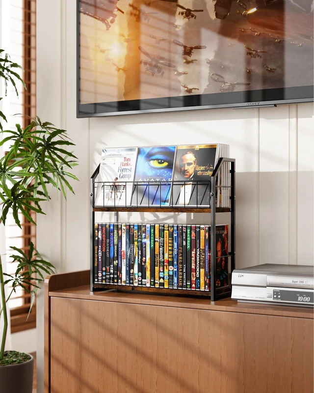 Alt view image 4 of 7 - 2-Tier DVD Storage Rack, DVD Rack & Video Game Storage for Media Room-Brown DVD Holder, Blu Ray Storage, Stores Up to 56 DVDs, Video Game Shelf for Media Room and Game Room, Gift Idea for Music Lovers