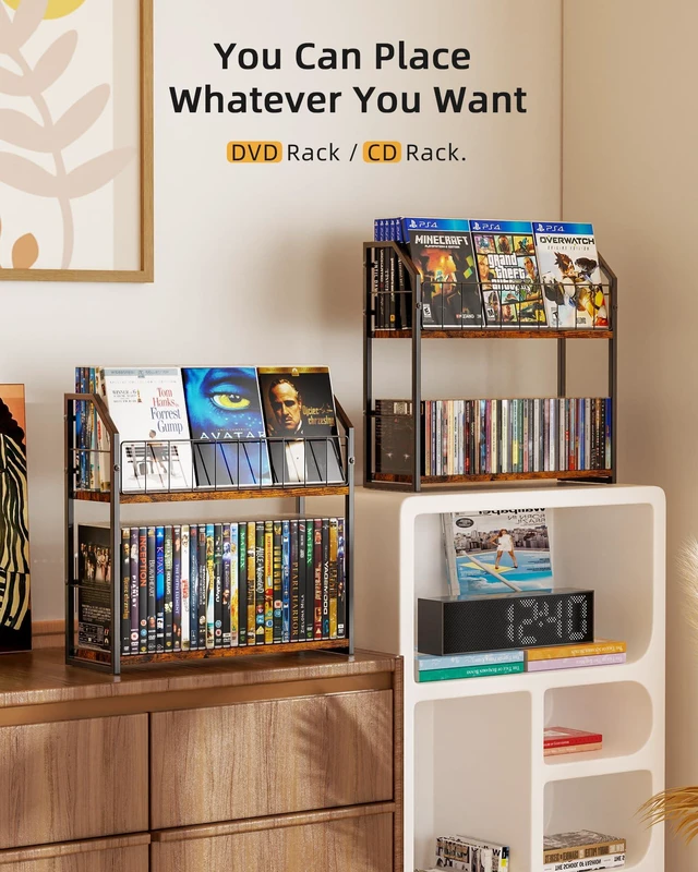 Alt view image 6 of 7 - 2-Tier DVD Storage Rack, DVD Rack & Video Game Storage for Media Room-Brown DVD Holder, Blu Ray Storage, Stores Up to 56 DVDs, Video Game Shelf for Media Room and Game Room, Gift Idea for Music Lovers