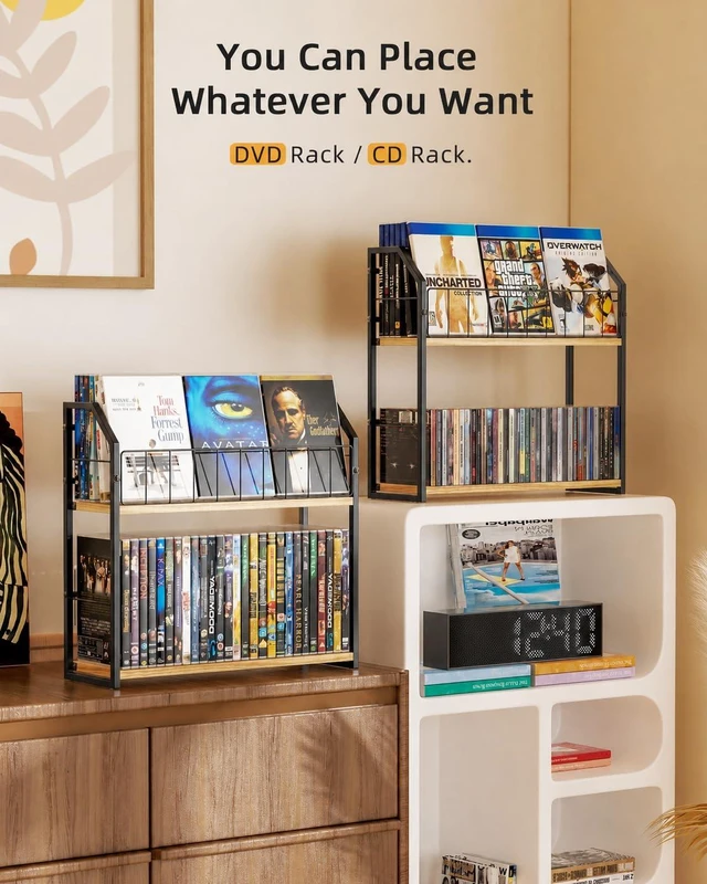 Alt view image 4 of 7 - 2-Tier DVD Storage Rack, DVD Rack & Video Game Shelf for Media Room-Natural DVD Holder, Blu Ray Storage, Stores Up to 56 DVDs, Video Game Shelf for Media Room and Game Room, Gift Idea for Music Lovers